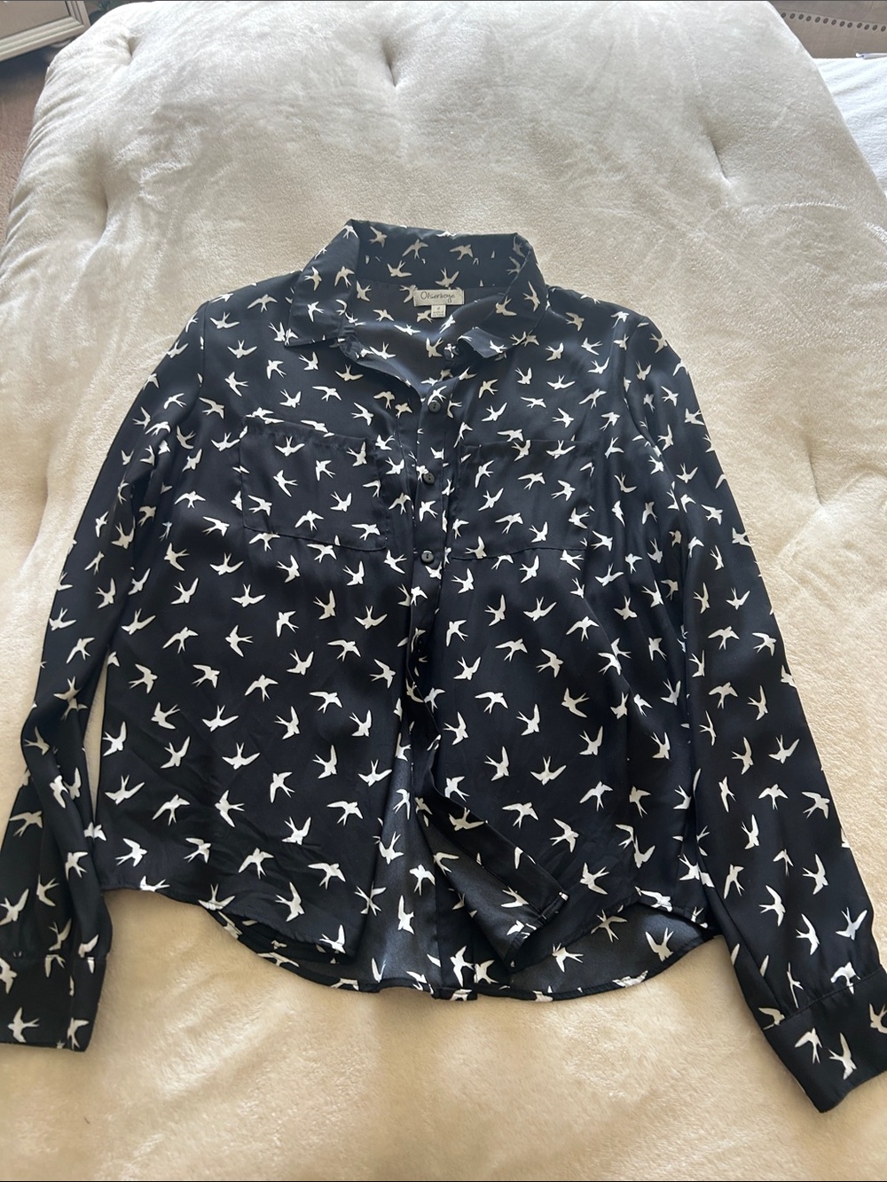 Olsenboye Black Button-Up Blouse with White Swallow Print